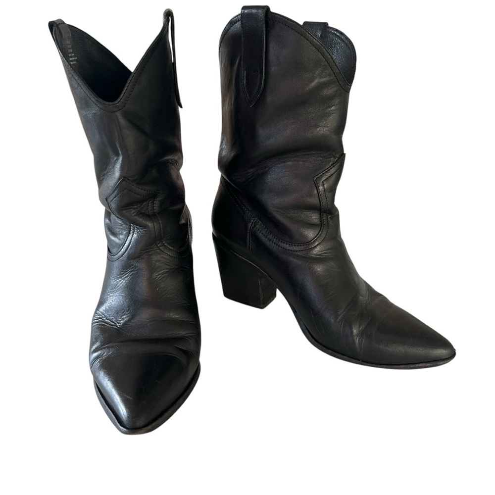 Dante Black Leather Wide Calf Slouch Heeled‎ Boots Size 9